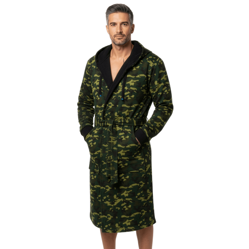 Man wearing IndoorCamo™ Limited Edition DudeRobe in green camo pattern, showcasing comfort and tactical style.