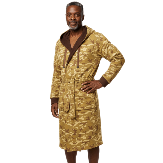 IndoorCamo™ Limited Edition DudeRobe in camouflage pattern worn by a man, perfect for lounging and relaxation.
