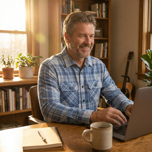 Man wearing The 1-Second Flannel shirt, using a laptop at home with a coffee cup and plants.