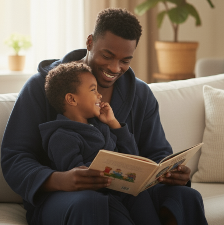 Man and child reading a book together on a couch in a cozy living room.