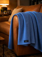 Blue blanket draped over a brown leather sofa in a cozy living room.