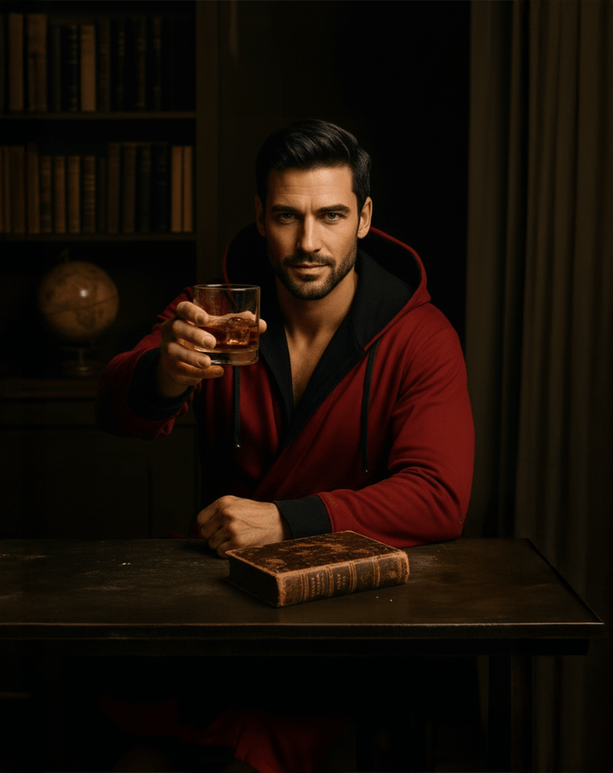 The Hef — A “Smoking Jacket” Robe worn by a man with a drink, exuding luxury and boldness.
