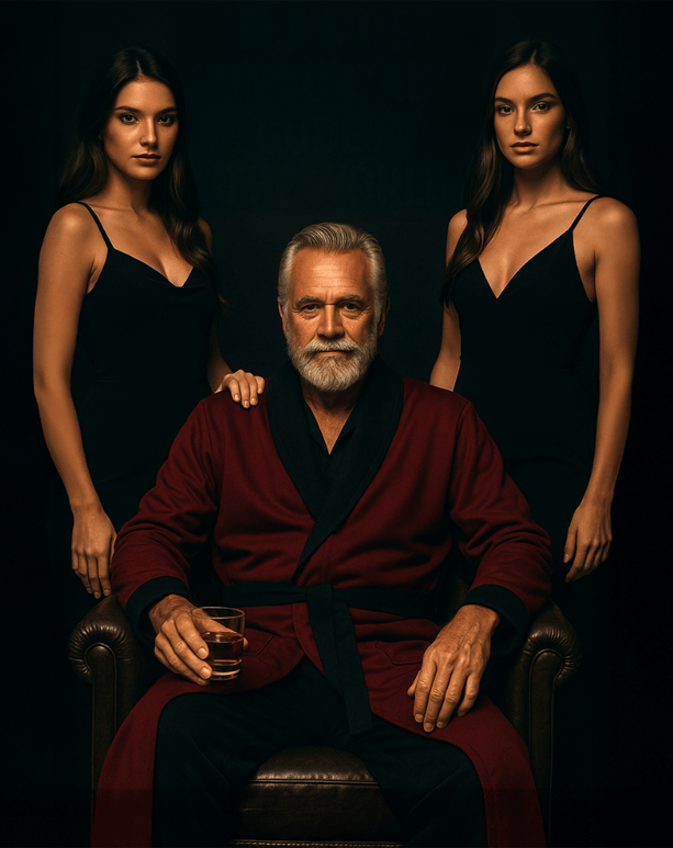 The Hef — A “Smoking Jacket” Robe worn by a distinguished man with two women in elegant black dresses.