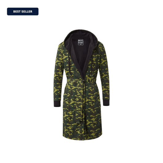 IndoorCamo™ Limited Edition DudeRobe in camo design, best seller men's hooded bathrobe for lounging.