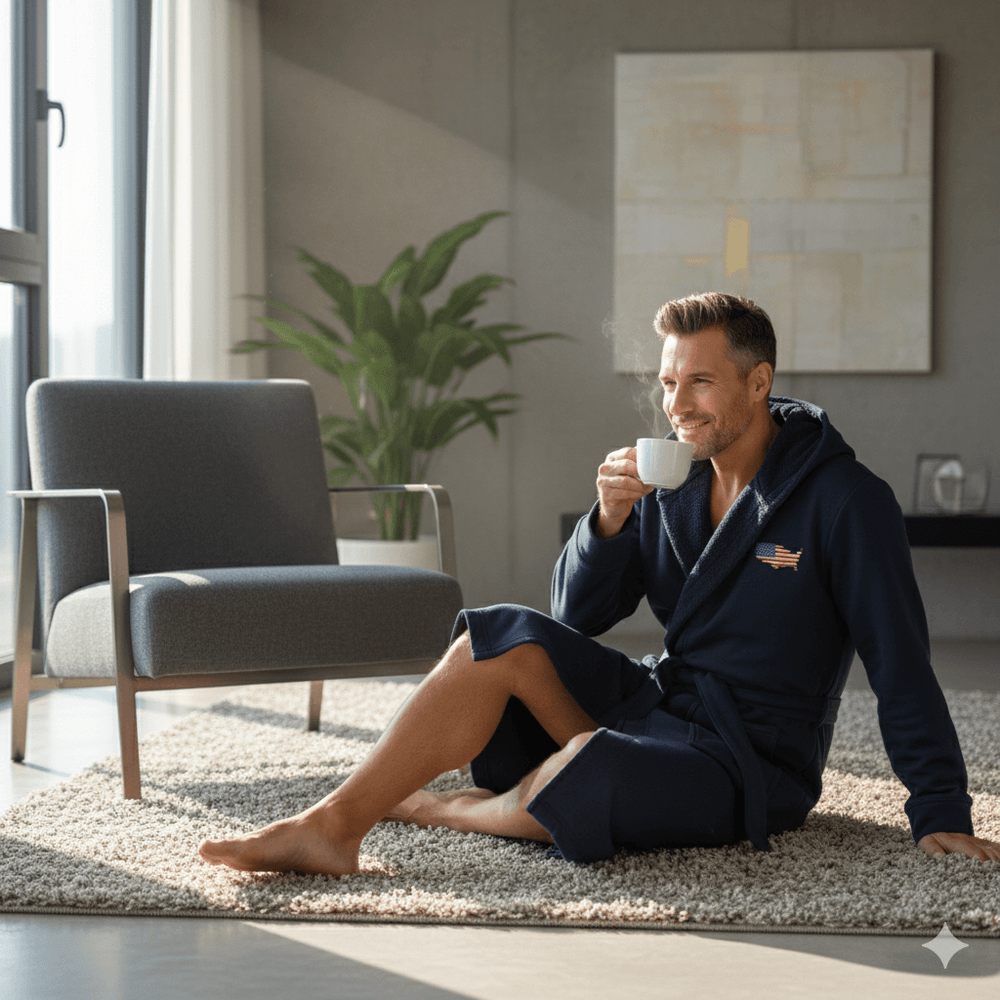 A man enjoying coffee while wearing The All-American (Dude)Robe, lounging comfortably at home.