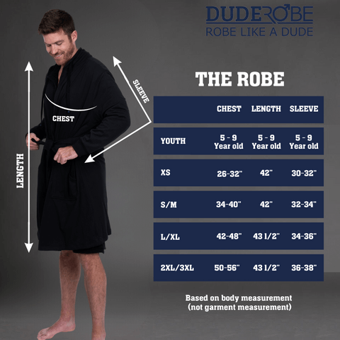 Luxury Men's Bathrobe & Pants Combo size chart for DudeRobe with measurements for different ages and sizes.