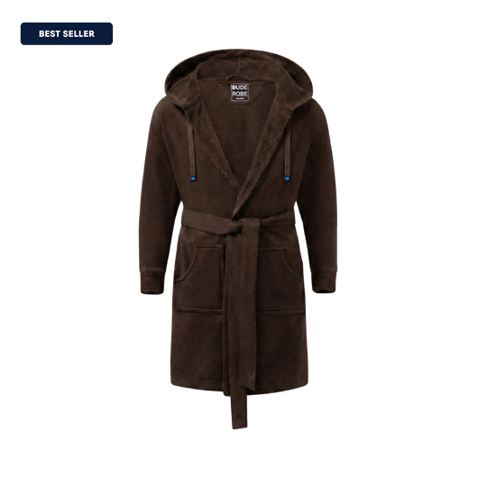 The DudeRobe, a best-selling mens hooded bathrobe, designed for comfort and style for lounging.