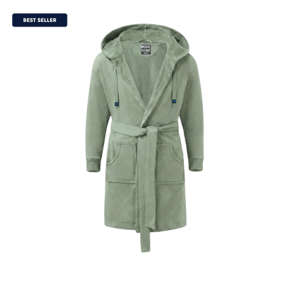 The DudeRobe: stylish mens hooded bathrobe in light green, perfect for lounging and daily wear.