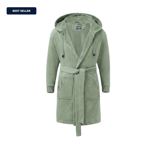 The DudeRobe: stylish mens hooded bathrobe in light green, perfect for lounging and daily wear.