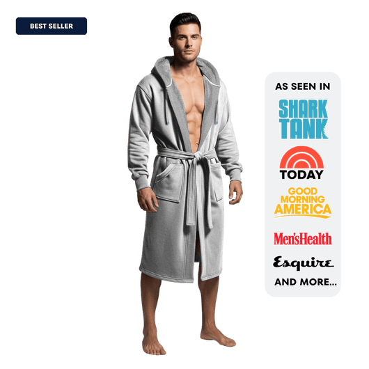 The DudeRobe showcasing a modern mens hooded bathrobe, perfect for lounging, walking the dog, and relaxing at home.