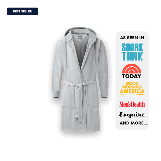 The DudeRobe mens hooded bathrobe, featuring a modern design and a soft, cozy appearance, as seen on Shark Tank.