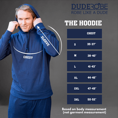 Size chart for the Reversible DudeHoodie, a reversible hoodie for men, featuring measurements for chest and sleeve lengths in a dark hoodie.