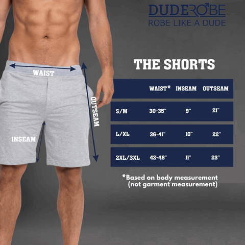 Measurement chart for men's shorts with a person wearing gray shorts on a dark background, featuring 'DudeRobe' branding.