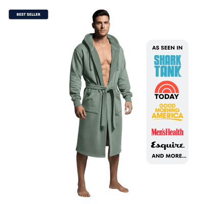 The DudeRobe: Stylish mens hooded bathrobe for comfort and lounging, featured on Shark Tank and recognized as a best seller.