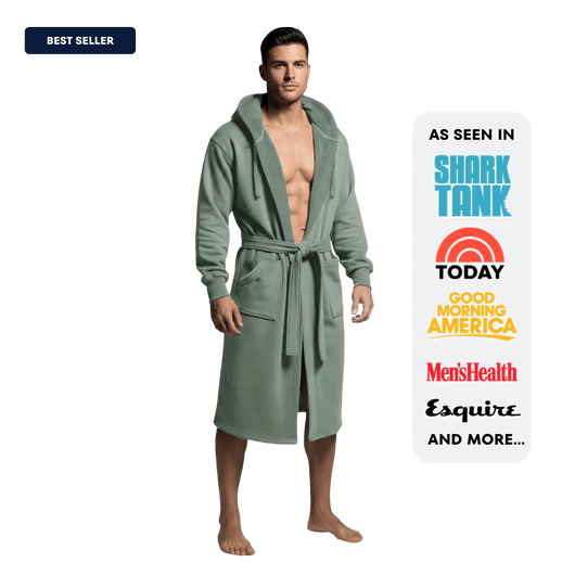 The DudeRobe: Stylish mens hooded bathrobe for comfort and lounging, featured on Shark Tank and recognized as a best seller.