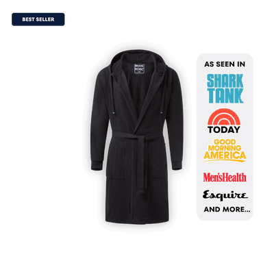 The DudeRobe mens hooded bathrobe featuring a stylish design, perfect for lounging and chilling at home.