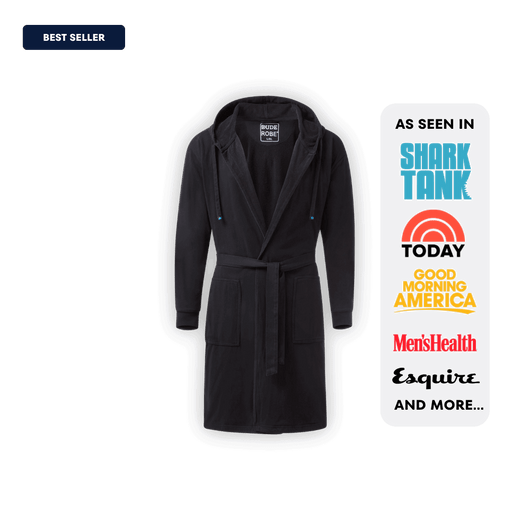 The DudeRobe mens hooded bathrobe featuring a stylish design, perfect for lounging and chilling at home.