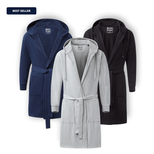 The DudeRobe - best seller mens hooded bathrobe available in navy, gray, and black colors.