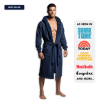 Man wearing The DudeRobe, a stylish mens hooded bathrobe, featured on Shark Tank and designed for comfort.