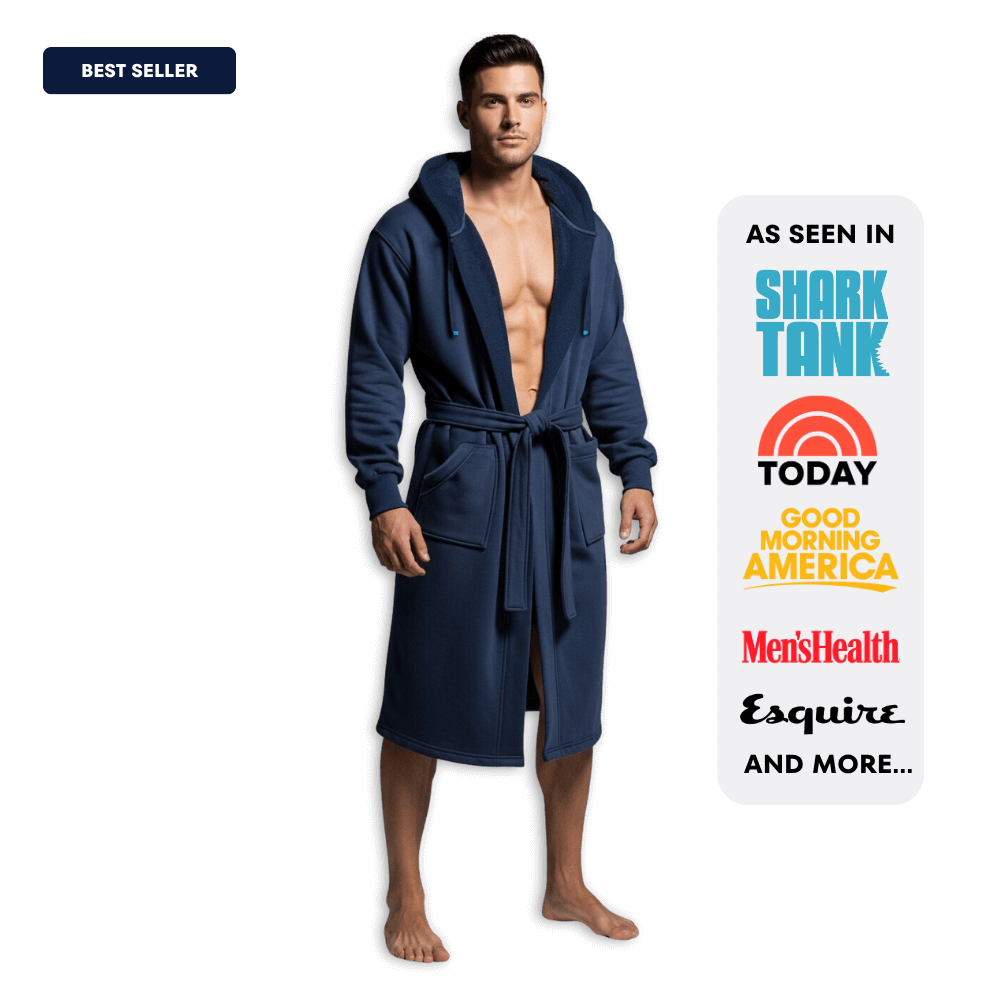 Man wearing The DudeRobe, a stylish mens hooded bathrobe, featured on Shark Tank and designed for comfort.