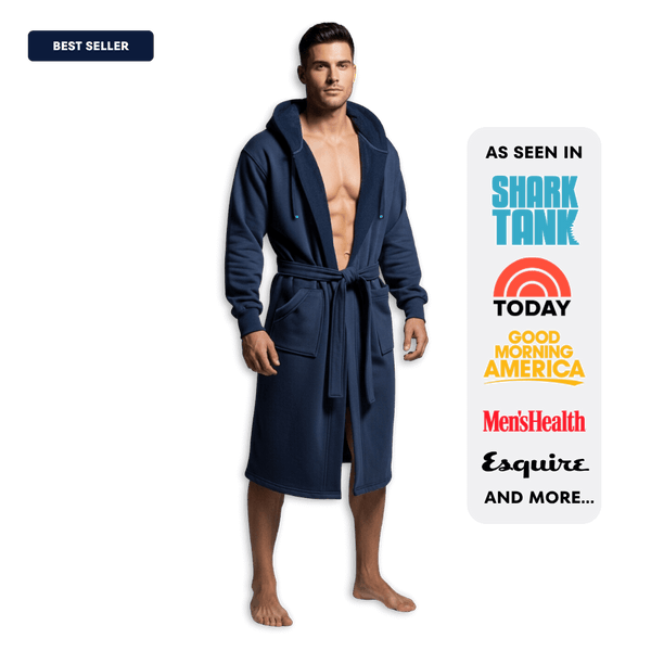 Man wearing The DudeRobe, a stylish mens hooded bathrobe, featured on Shark Tank and designed for comfort.
