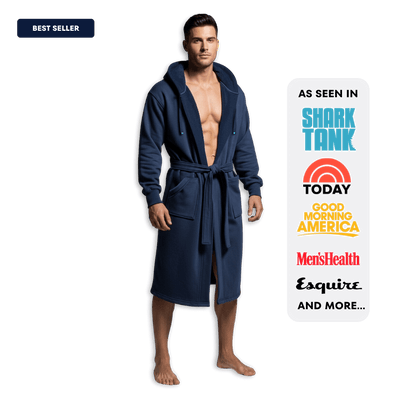 Man wearing The DudeRobe, a stylish mens hooded bathrobe, featured on Shark Tank and designed for comfort.