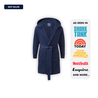 The DudeRobe mens hooded bathrobe shown in navy with best seller label and featured media logos.