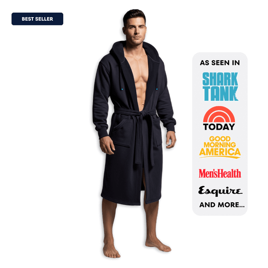 The DudeRobe model wearing a mens hooded bathrobe. Best seller featured on Shark Tank and Good Morning America.