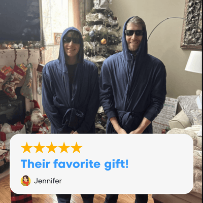 The DudeRobe - Comfortable mens hooded bathrobe worn by two people, showcasing a cozy modern style.