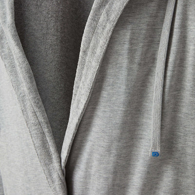 Close-up of the All-American (Dude)Robe, showcasing soft gray fabric and design details of the american flag robe.