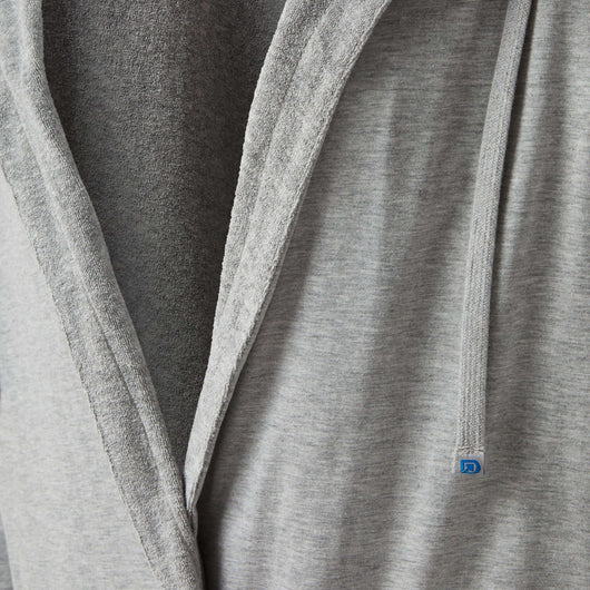 Close-up of the All-American (Dude)Robe, showcasing soft gray fabric and design details of the american flag robe.