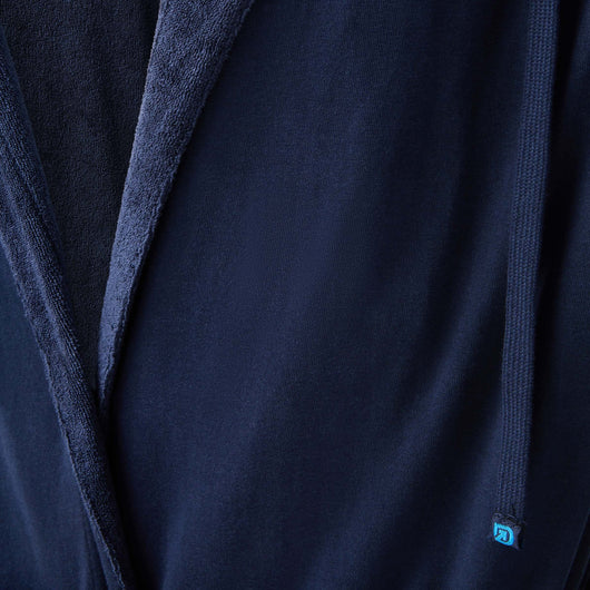 Close-up view of The All-American (Dude)Robe in navy, showcasing the fabric and details of the american flag robe.
