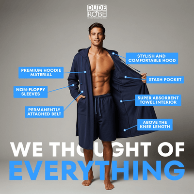 The DudeRobe features premium hoodie material, a stash pocket, and super absorbent towel interior for ultimate comfort.