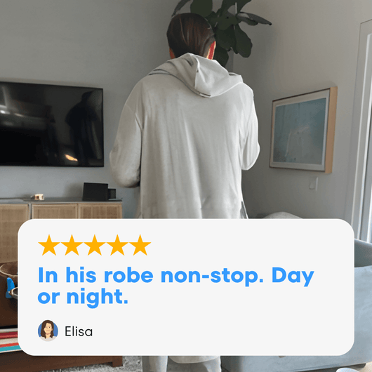 Man wearing The DudeRobe, a mens hooded bathrobe, rated five stars for everyday comfort and style.