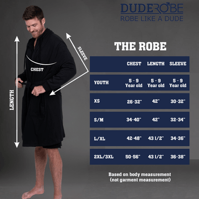 Sizing chart for The DudeRobe, a mens hooded bathrobe with measurements for various sizes and fits.