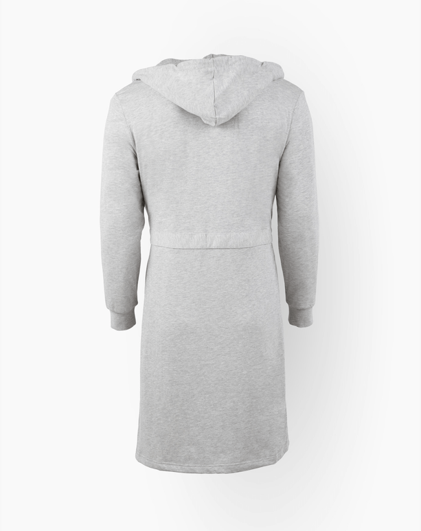 Back view of The DudeRobe, a modern luxury hooded bathrobe in grey, designed for style and comfort.