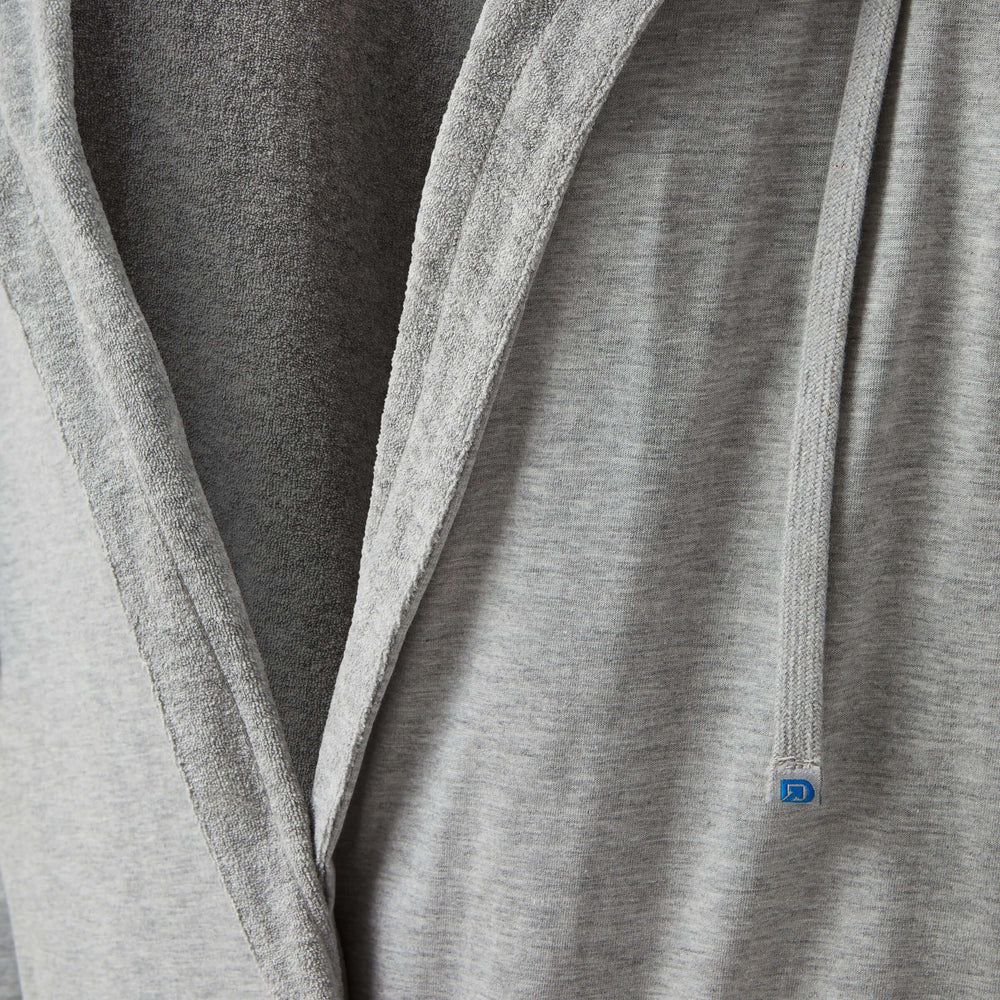 Close-up of The DudeRobe - Men's Luxury Hooded Bathrobe in soft grey fabric, showcasing the hood and details.