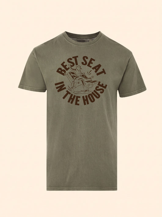 Best Seat In The House tee in Olive Branch with a brown cowboy-on-a-recliner graphic