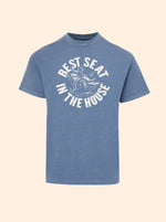 Best Seat In The House tee in Oxford Blue with a cream cowboy-on-a-recliner graphic
