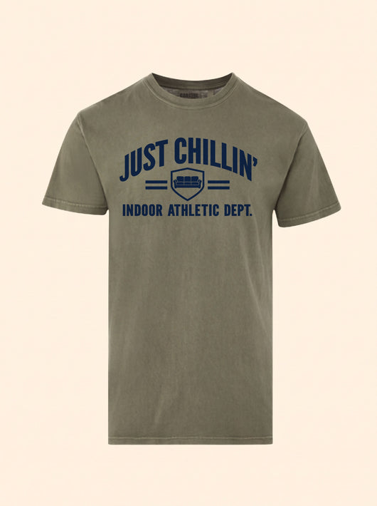 Just Chillin' Indoor Athletic Dept. tee in Olive Branch with a navy couch crest print on the chest