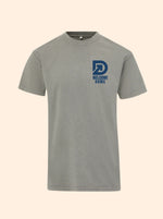 Welcome Home tee in Hazy Days with a navy DudeRobe D logo and Welcome Home printed on the left chest