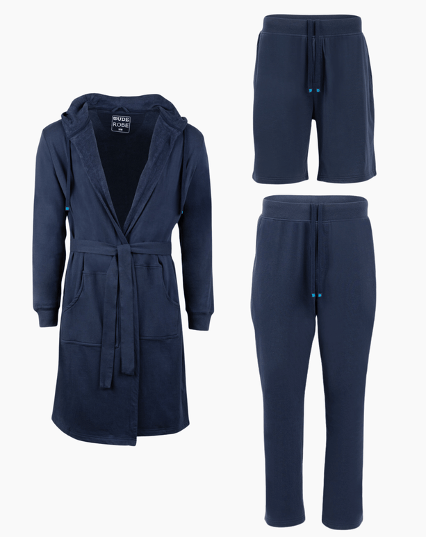 Ultimate Combo luxury men's bathrobe, shorts & pants set in navy blue for lounging and comfort.