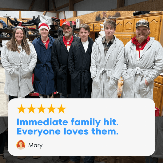A group of happy people wearing the All-American robe, showcasing the cozy american flag robe style.