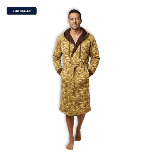 IndoorCamo™ Limited Edition DudeRobe in camo pattern, stylish and comfortable men's hooded bathrobe for lounging.