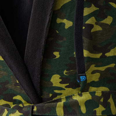 Close-up of IndoorCamo™ Limited Edition DudeRobe showing camouflage pattern and hood design.