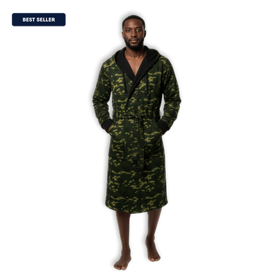 IndoorCamo™ Limited Edition DudeRobe on a man, featuring camo pattern, soft fabric, and attached belt.