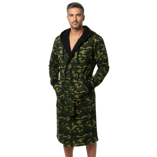 IndoorCamo™ Limited Edition DudeRobe in camo design, perfect men's hooded bathrobe for stealthy lounging.