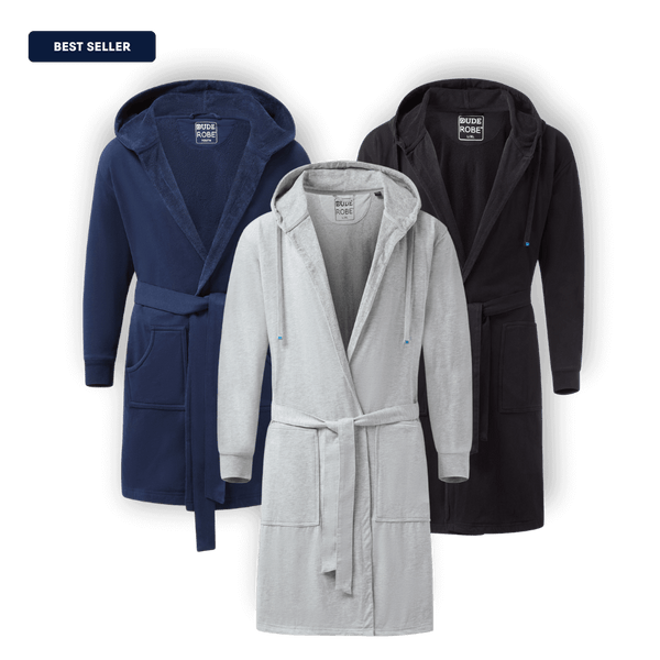 Kids DudeRobe selection featuring a grey, black, and navy hooded boys bathrobe for kids.