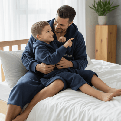 Father and son enjoying time at home in Kids DudeRobe and adult robe, showcasing comfort and style for children.