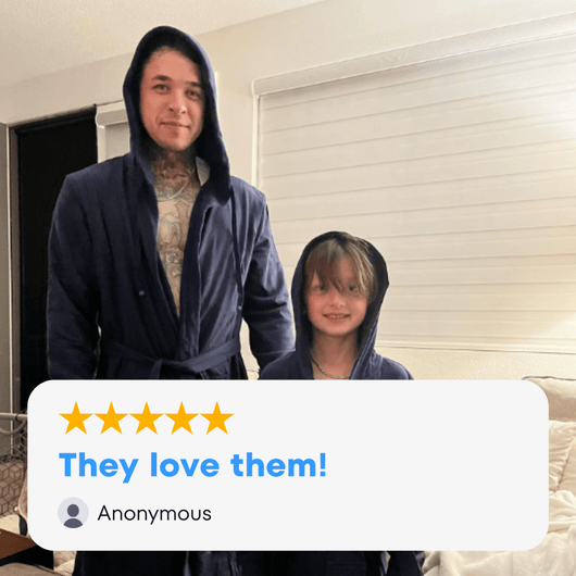 Kids DudeRobe in use by a parent and child, showcasing the comfort and style of kids robe and boys bathrobes.